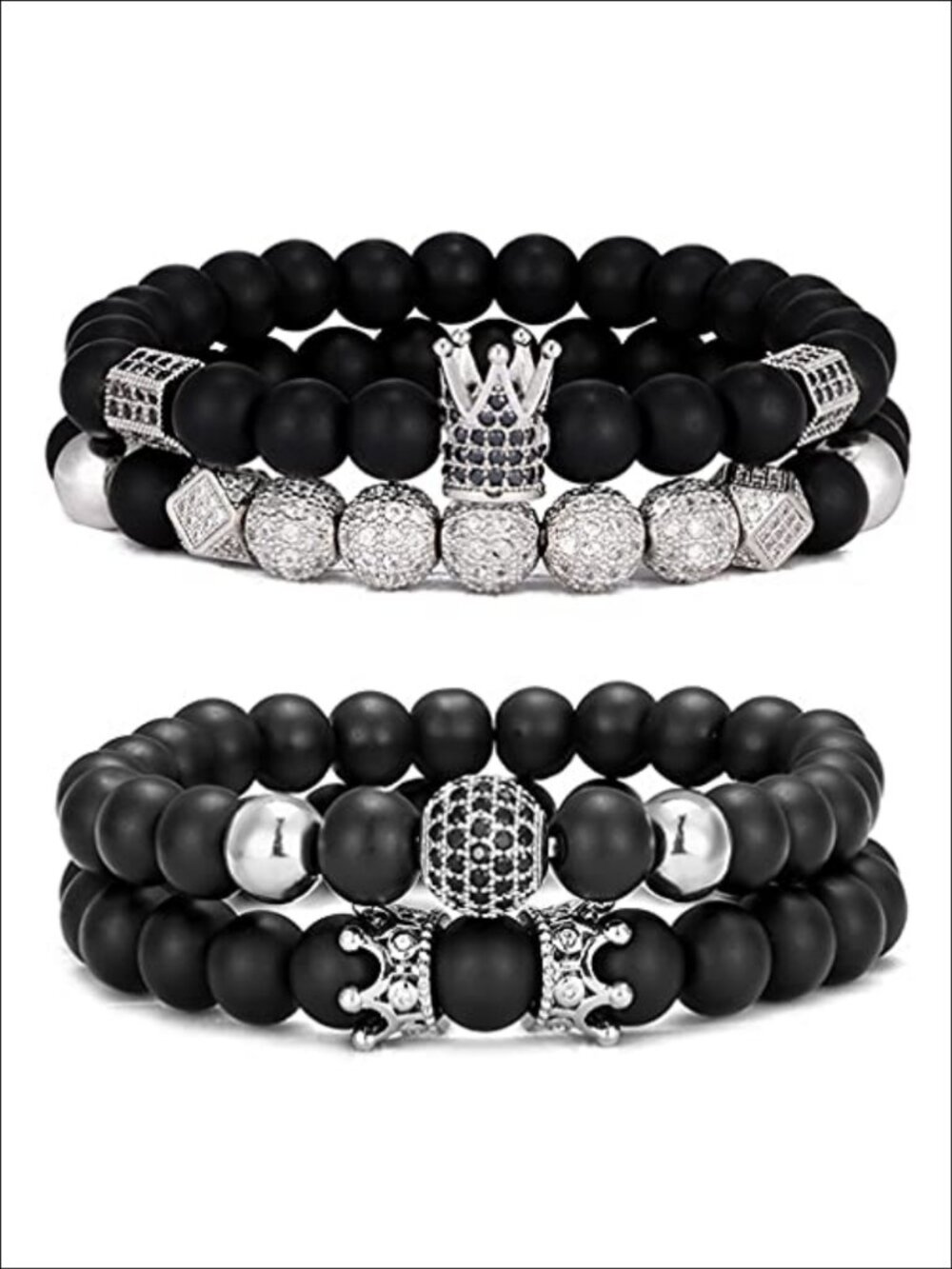 4pc 8mm Onyx Beaded Bracelet Set CZ Crown Charm Elastic Stackable